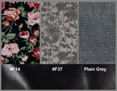 Three fabric swatches labeled &