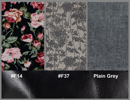 Three fabric swatches labeled &