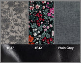 Fabric swatches including floral pattern, plain gray, and black leather texture with color codes.