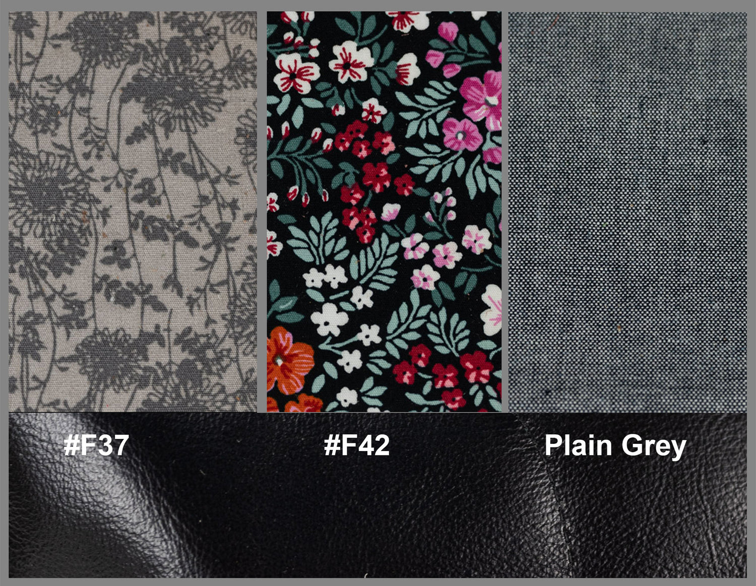 Fabric swatches including floral pattern, plain gray, and black leather texture with color codes.