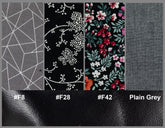 Fabric swatches with different patterns and colors on a black background.