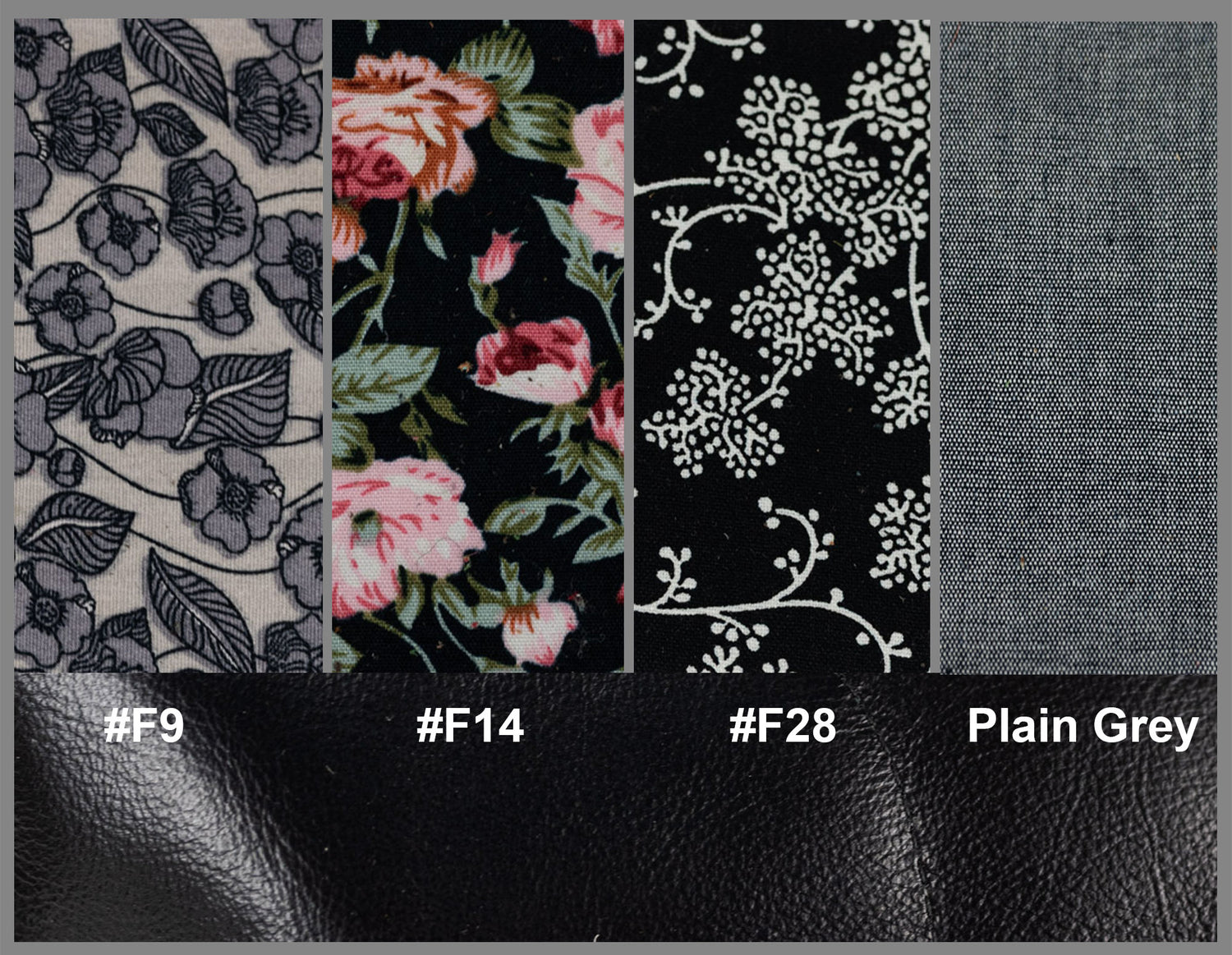 Fabric swatches with floral and leaf patterns alongside plain gray fabric, labeled with color codes.