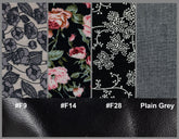 Fabric swatches with floral and leaf patterns alongside plain gray fabric, labeled with color codes.