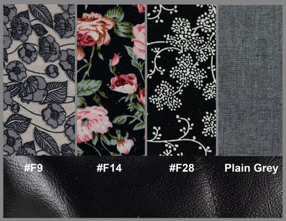 Fabric swatches with floral and leaf patterns alongside plain gray fabric, labeled with color codes.