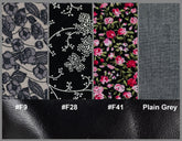 Fabric swatches with floral, geometric, and plain patterns on a gray background.