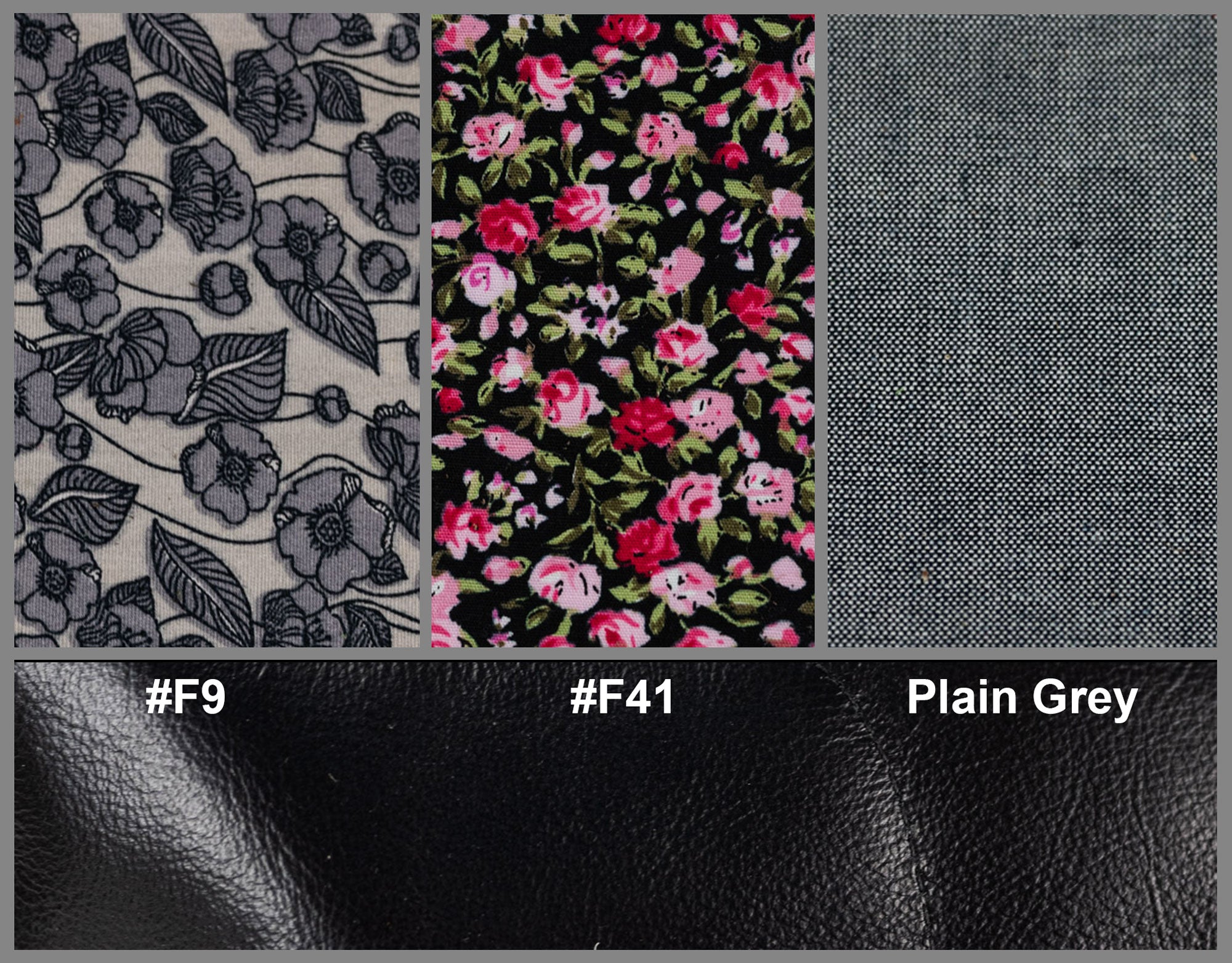 Fabric swatches with floral pattern, pink roses on black, plain gray, and leather texture.