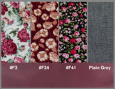 Four floral fabric swatches with color codes and a plain gray swatch.