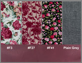 Four fabric swatches with floral patterns and one plain gray swatch, each labeled with a color code.