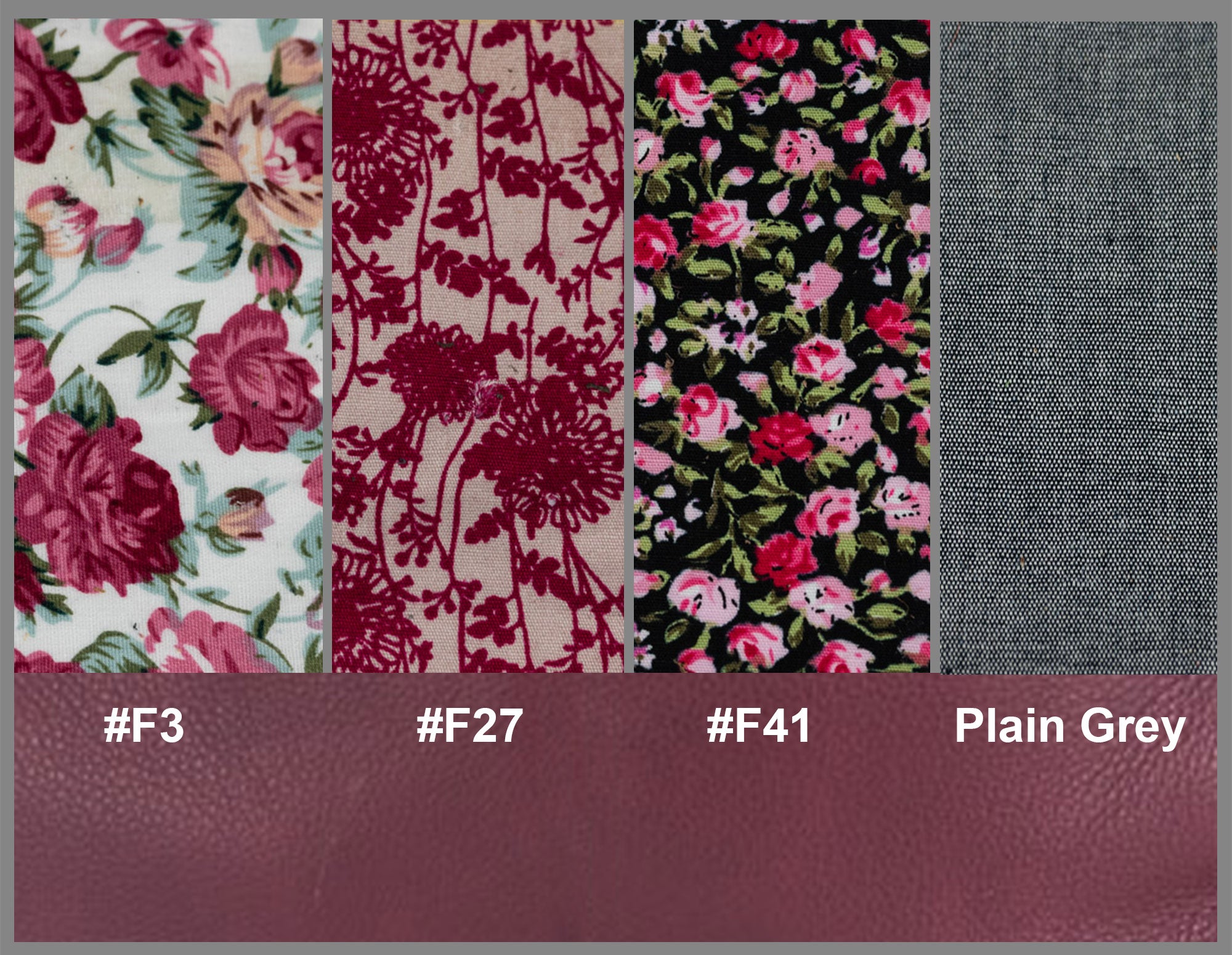 Four fabric swatches with floral patterns and one plain gray swatch, each labeled with a color code.