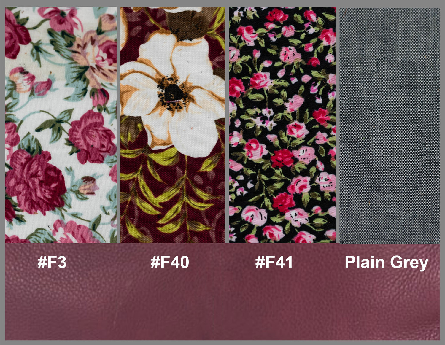 Four fabric swatches with floral patterns and one plain gray swatch, each labeled with a color code.