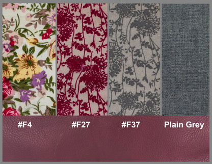 Four fabric swatches with floral and abstract patterns on a solid color background.