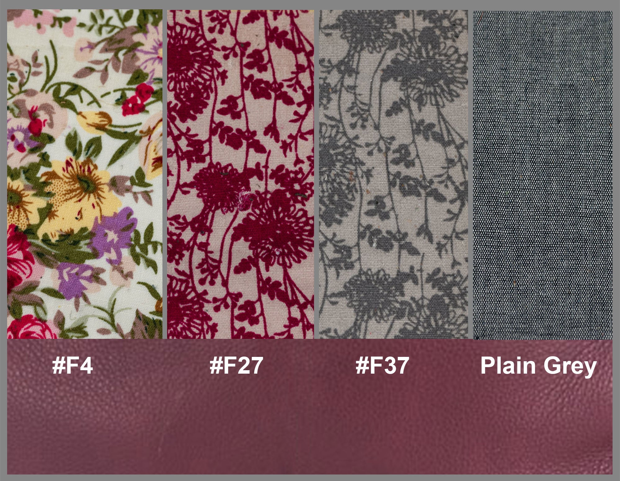Four fabric swatches with floral and abstract patterns on a solid color background.burgundy leather textured bag