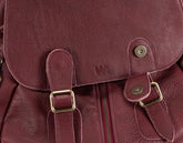 Close-up of a maroon leather bag with gold buckles and zipper.