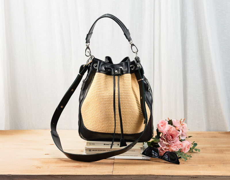 Danae bag - Black leather and rattan