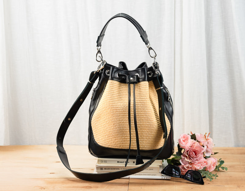 Danae bag - Black leather and rattan