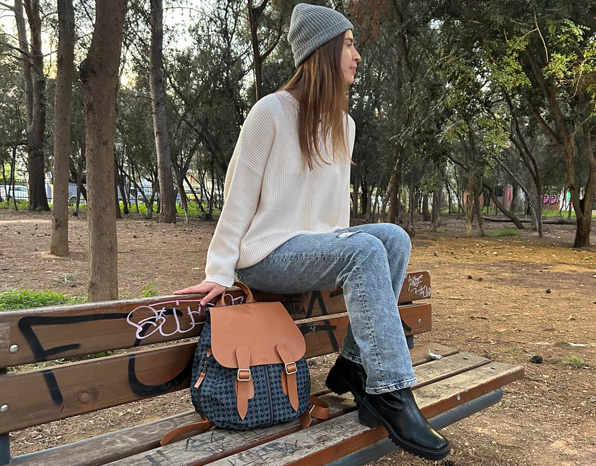 Artemis backpack - Blue denim with houndstooth print and Brown leather