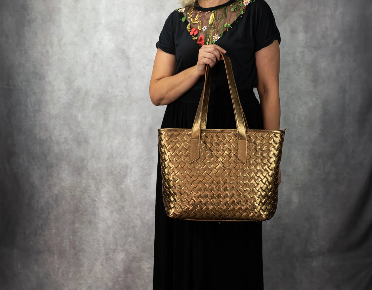 Calisto tote bag - Brass handwoven leather