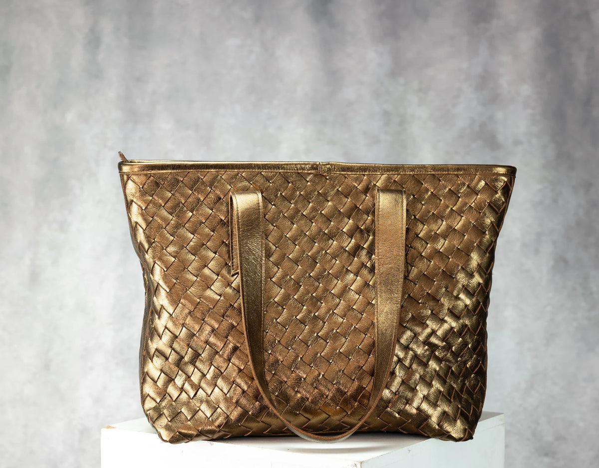 Calisto tote bag - Brass handwoven leather