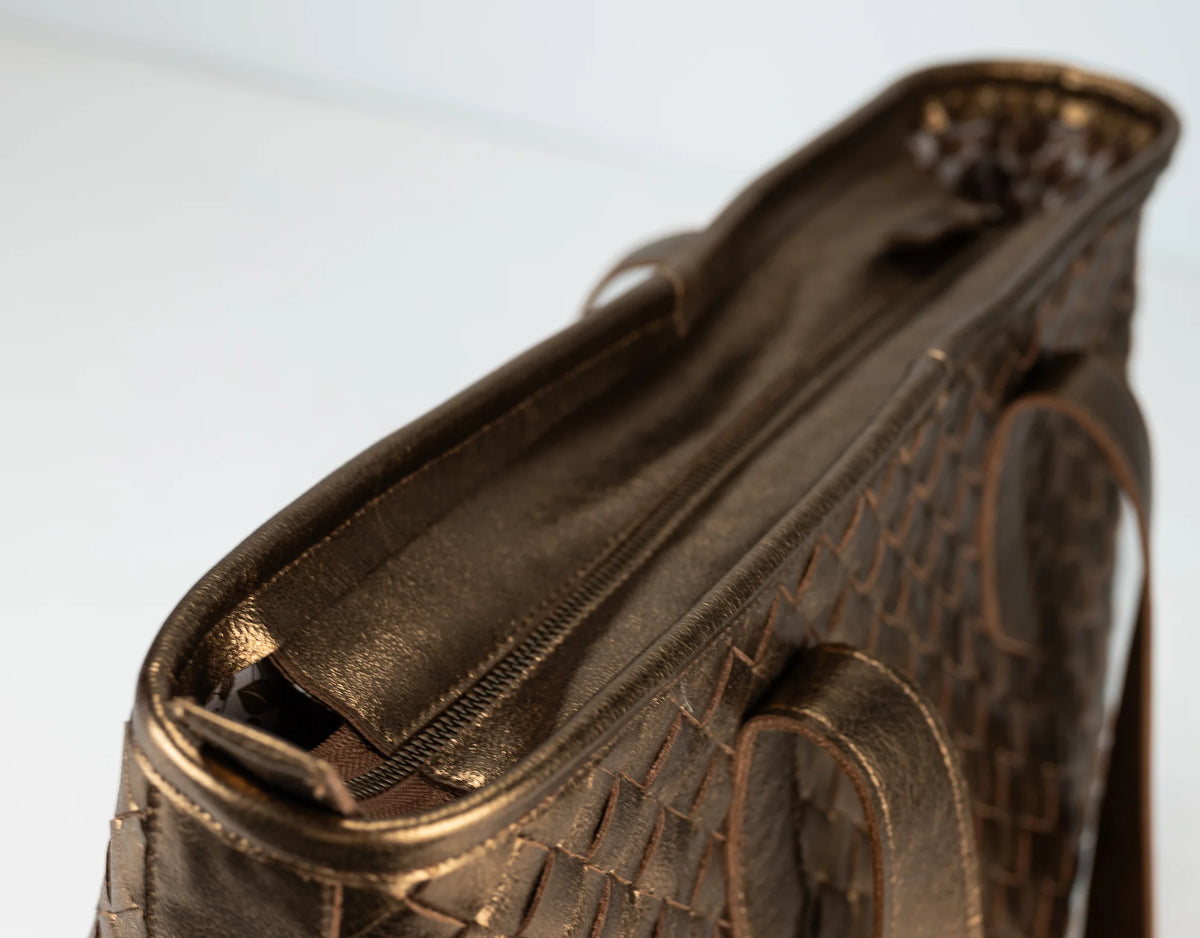 Calisto tote bag - Brass handwoven leather