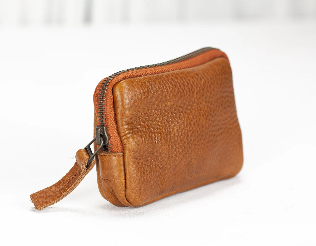 Brown leather wallet with a strap on a white background#color_brown-soft-pebbled