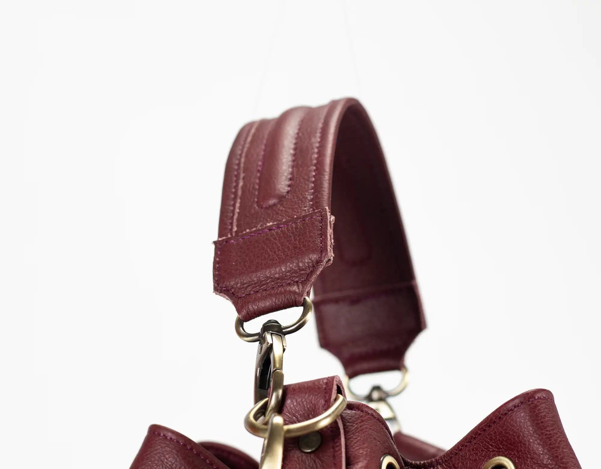 Close-up of a burgundy leather bag with a gold clasp on a white background