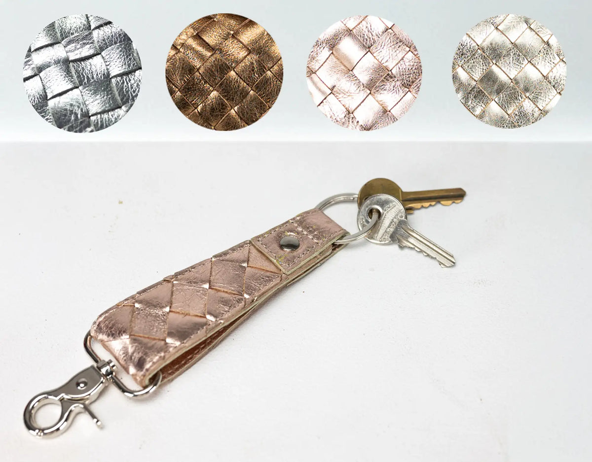 Leather handwoven keyring with clip - Gold Coated Leather