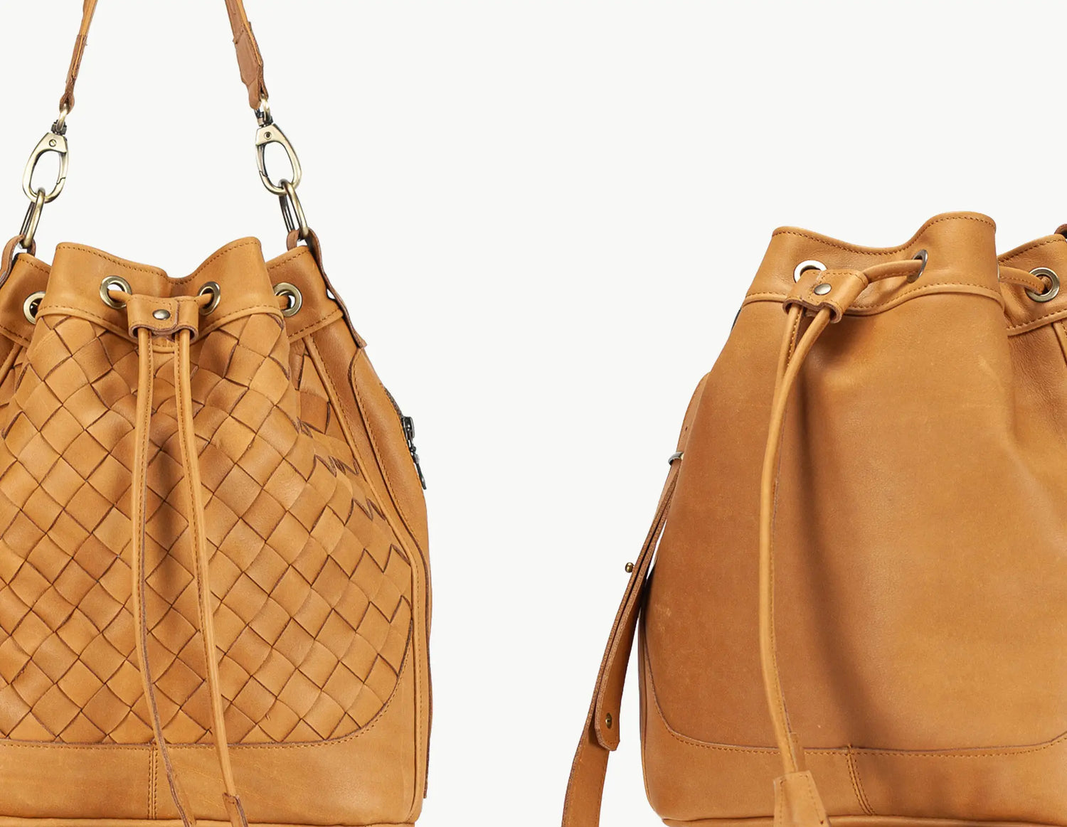 Brown leather bucket bag with woven pattern on a white background