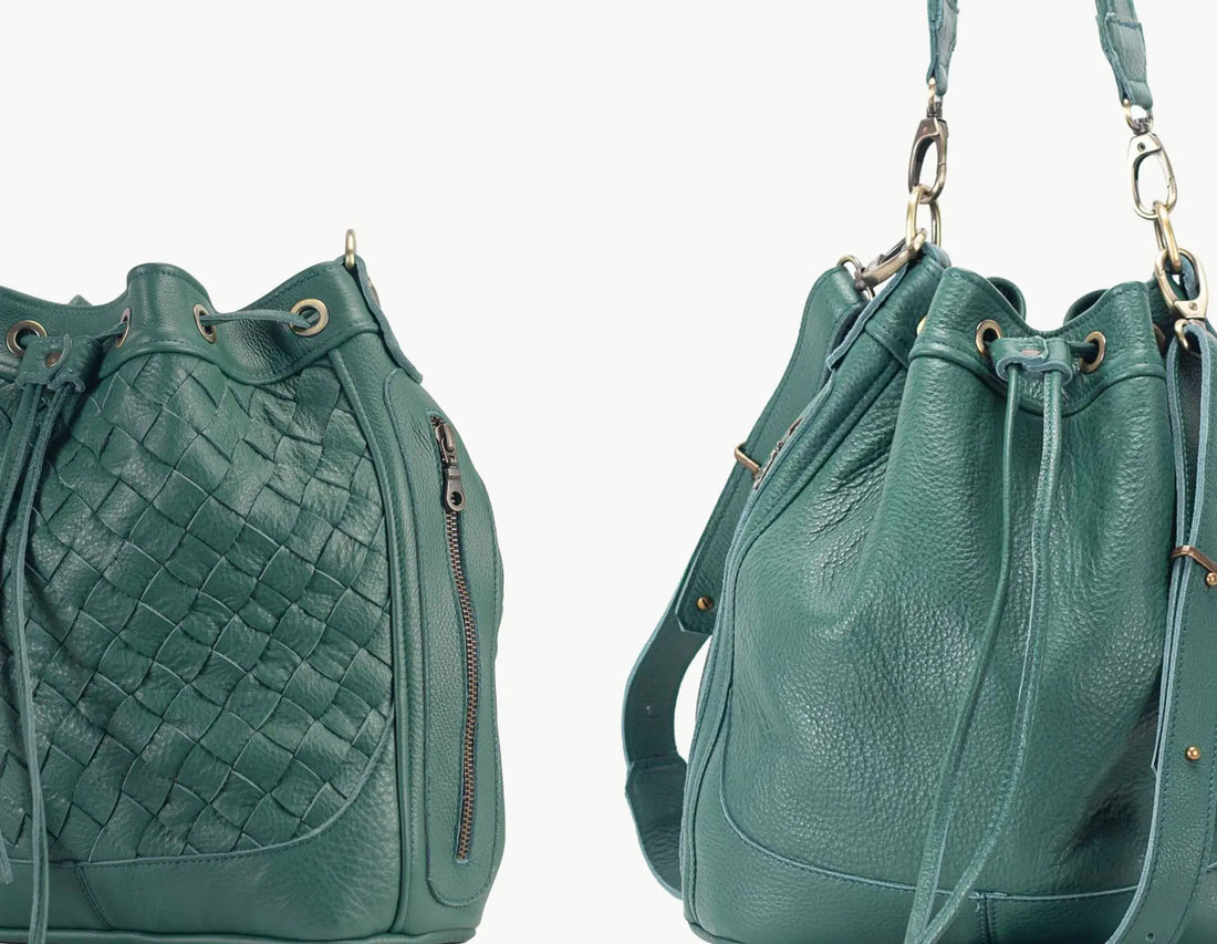 Green leather handbag with textured side and drawstring top on a white background