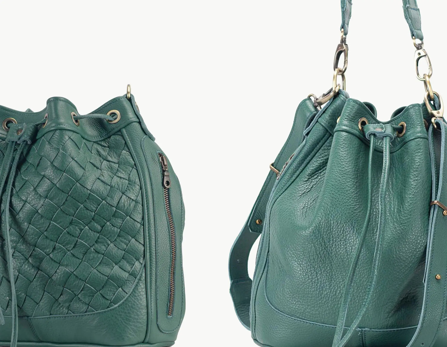 Green leather handbag with textured side and drawstring top on a white background
