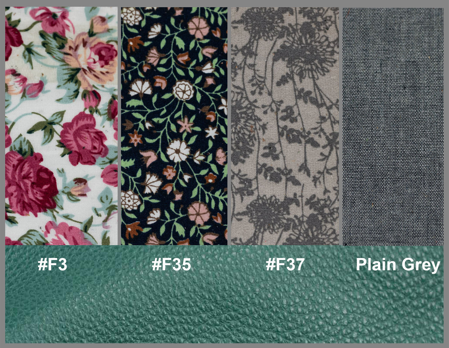 Fabric swatches with floral and plain patterns, labeled with color codes.