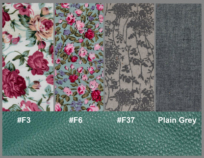 Fabric swatches with floral and plain patterns, labeled with color codes and names.