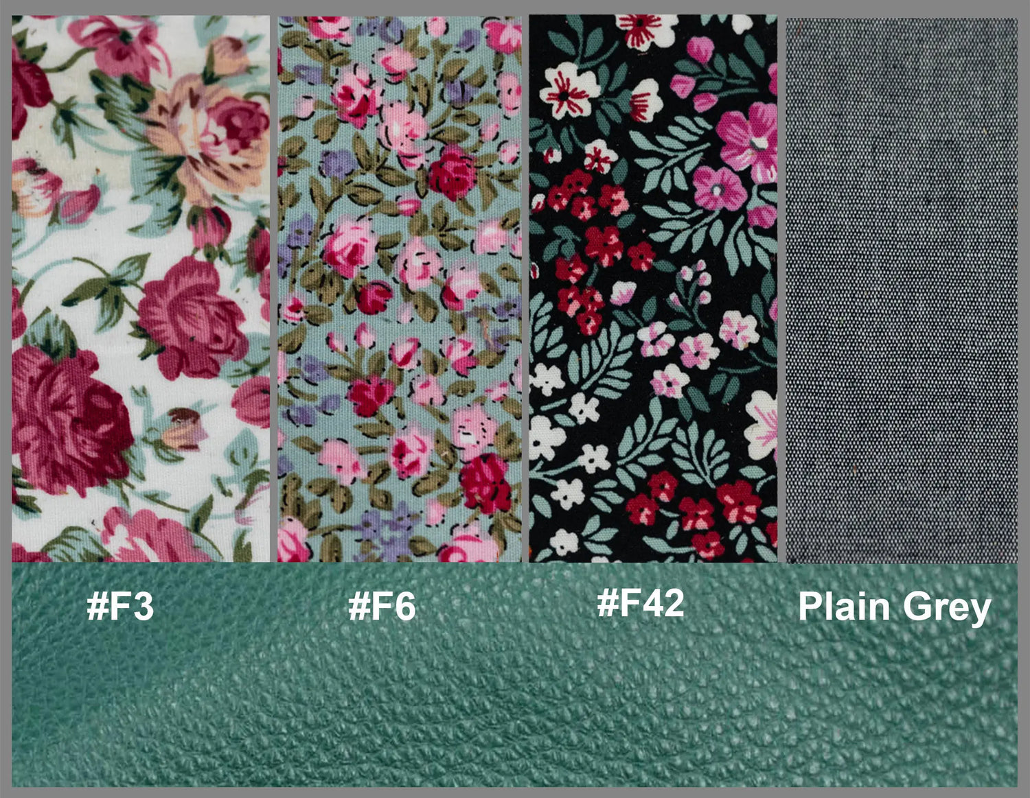 Four floral fabric patterns with color swatches and a plain gray fabric sample.