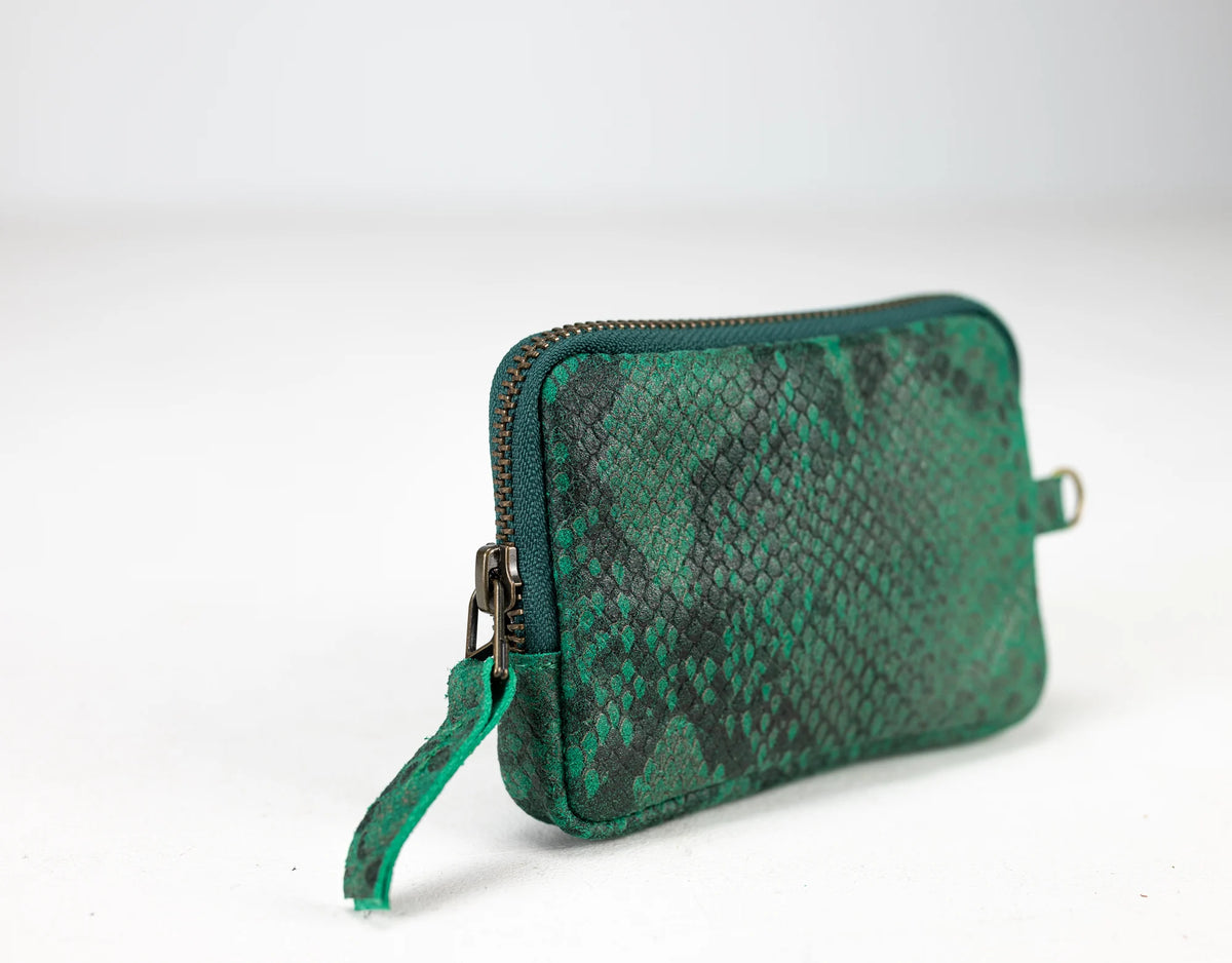 Myrto wallet - Green leather with snakeskin print