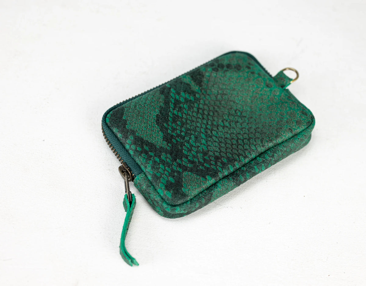 Myrto wallet - Green leather with snakeskin print