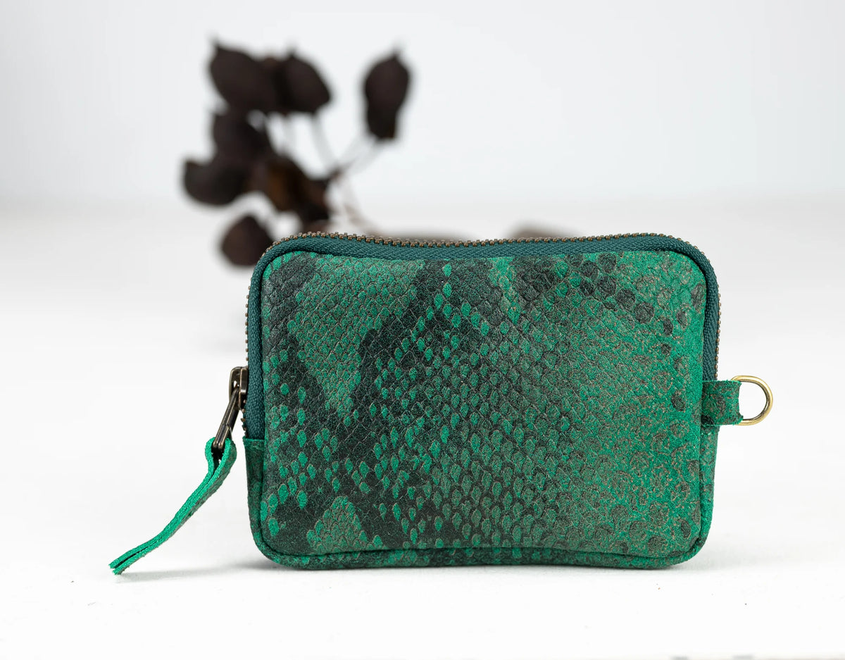 Myrto wallet - Green leather with snakeskin print