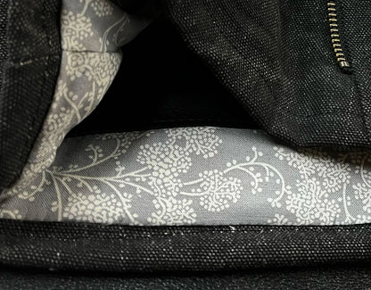 Close-up of a black bag with floral-patterned lining