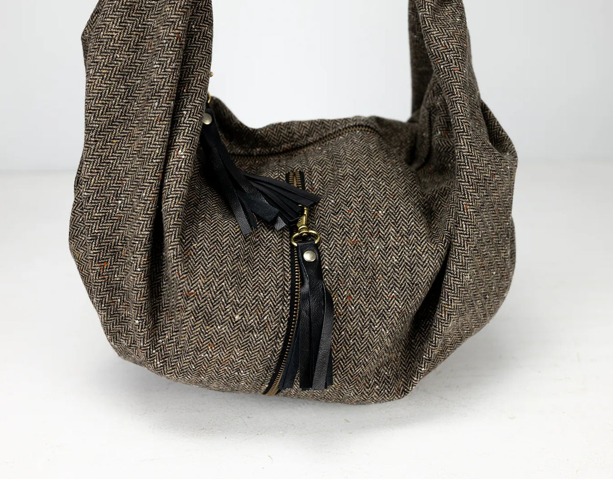 Kallia crossbody bag - Herringbone wool &amp; Black leather