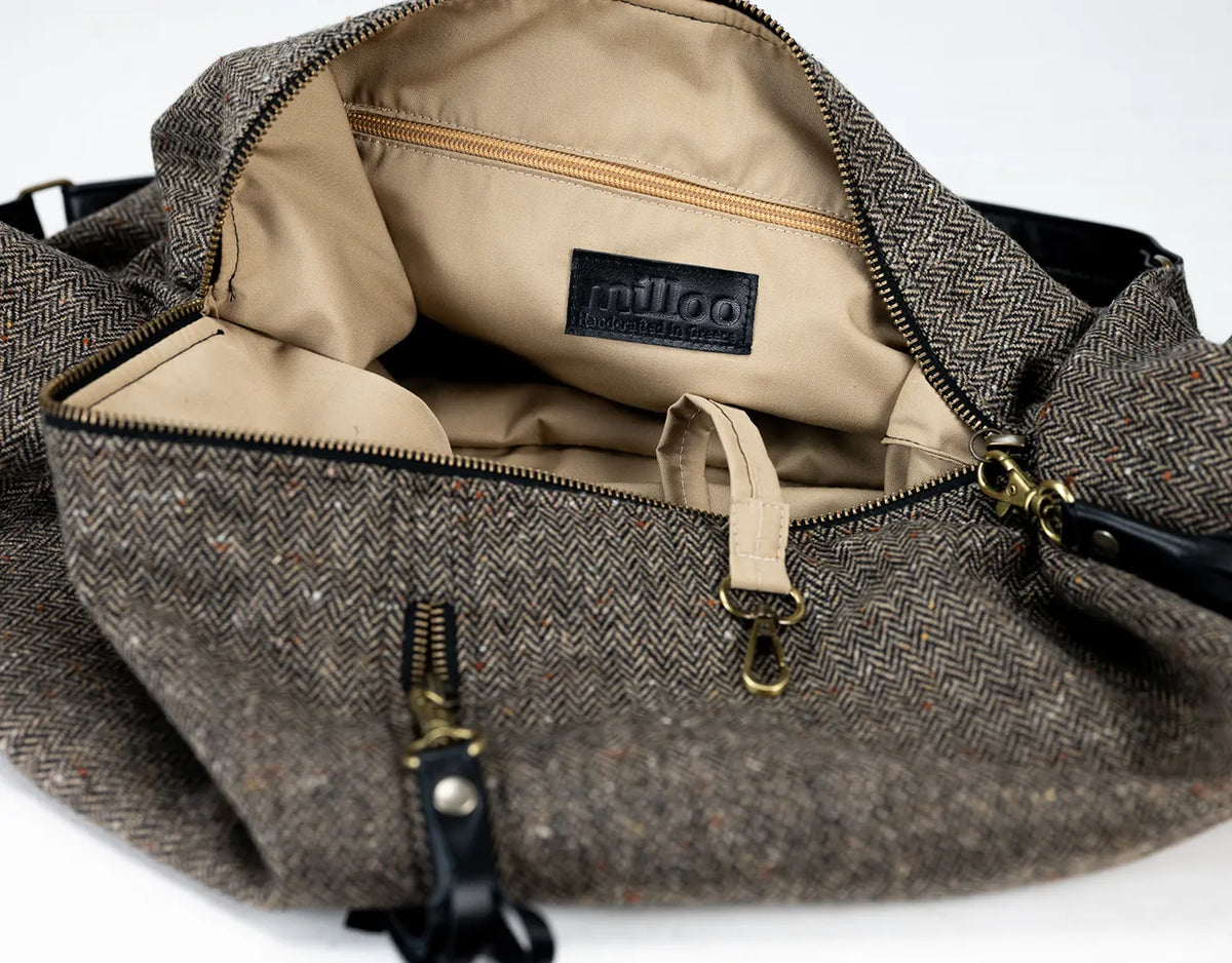 Kallia crossbody bag - Herringbone wool &amp; Black leather