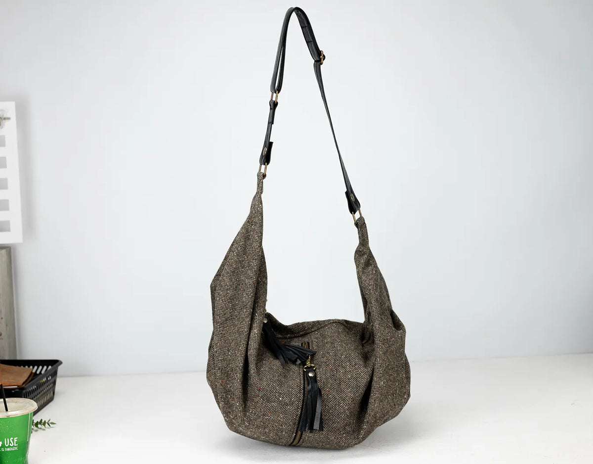 Kallia crossbody bag - Herringbone wool &amp; Black leather