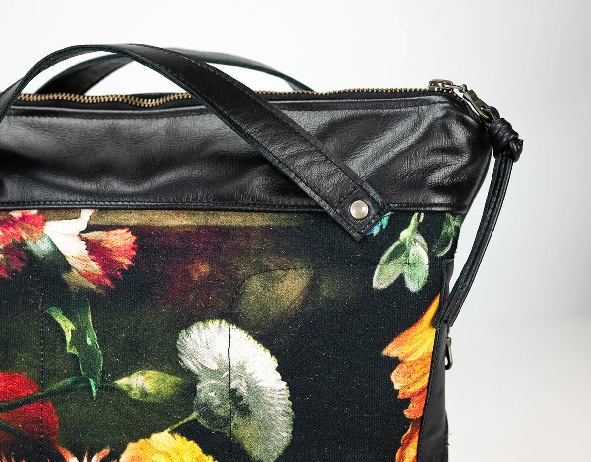Minos backpack - Black leather &amp; Floral canvas