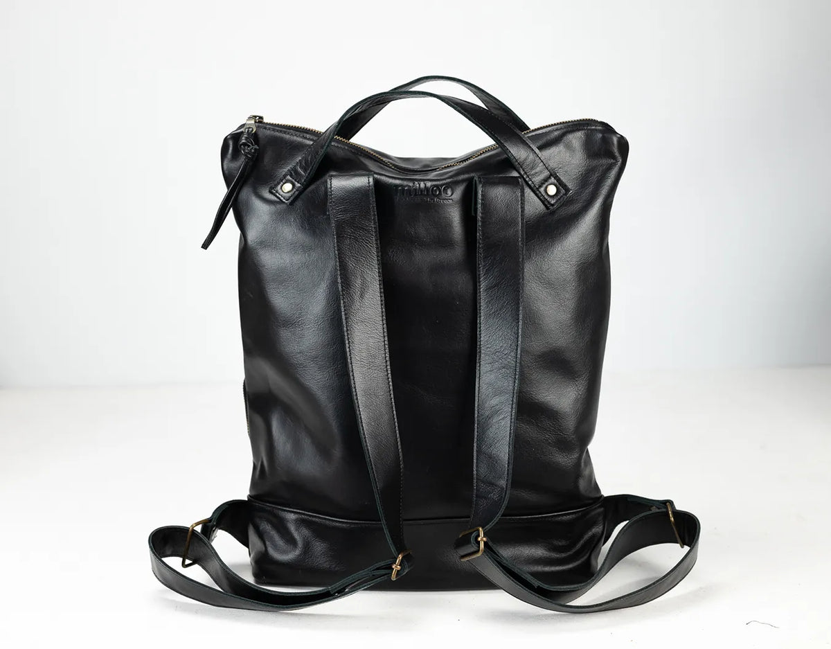 Minos backpack - Black leather &amp; Floral canvas