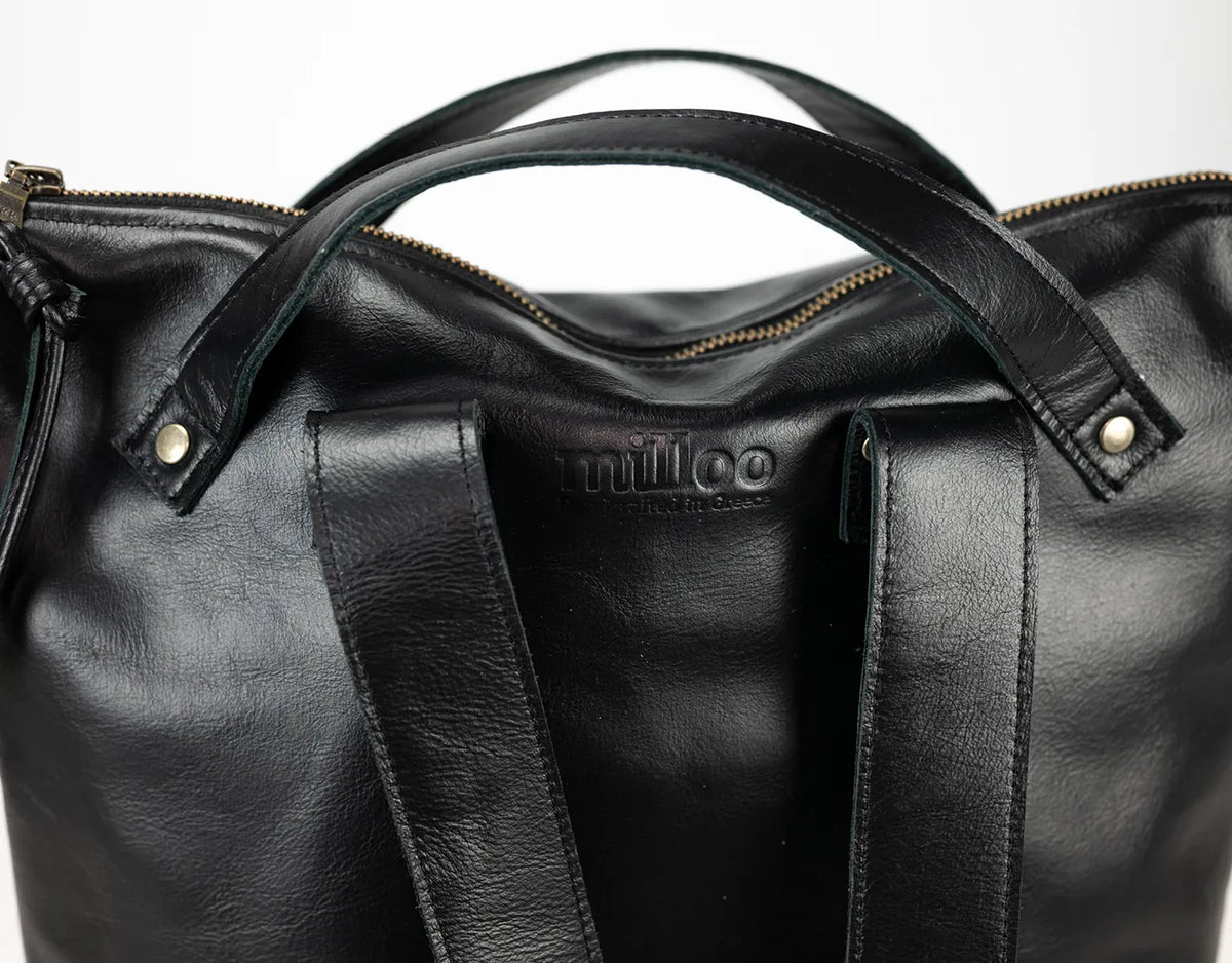 Minos backpack - Black leather &amp; Floral canvas