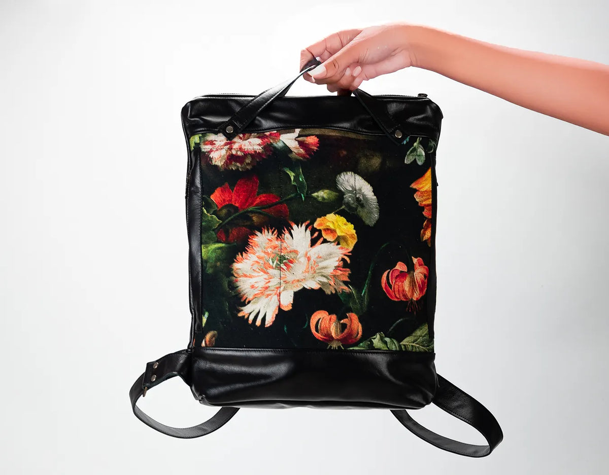 Minos backpack - Black leather &amp; Floral canvas