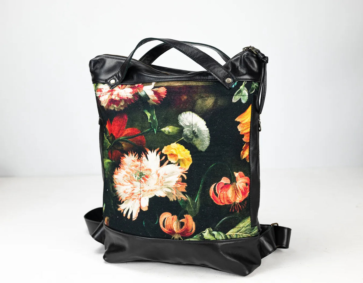 Minos backpack - Black leather &amp; Floral canvas