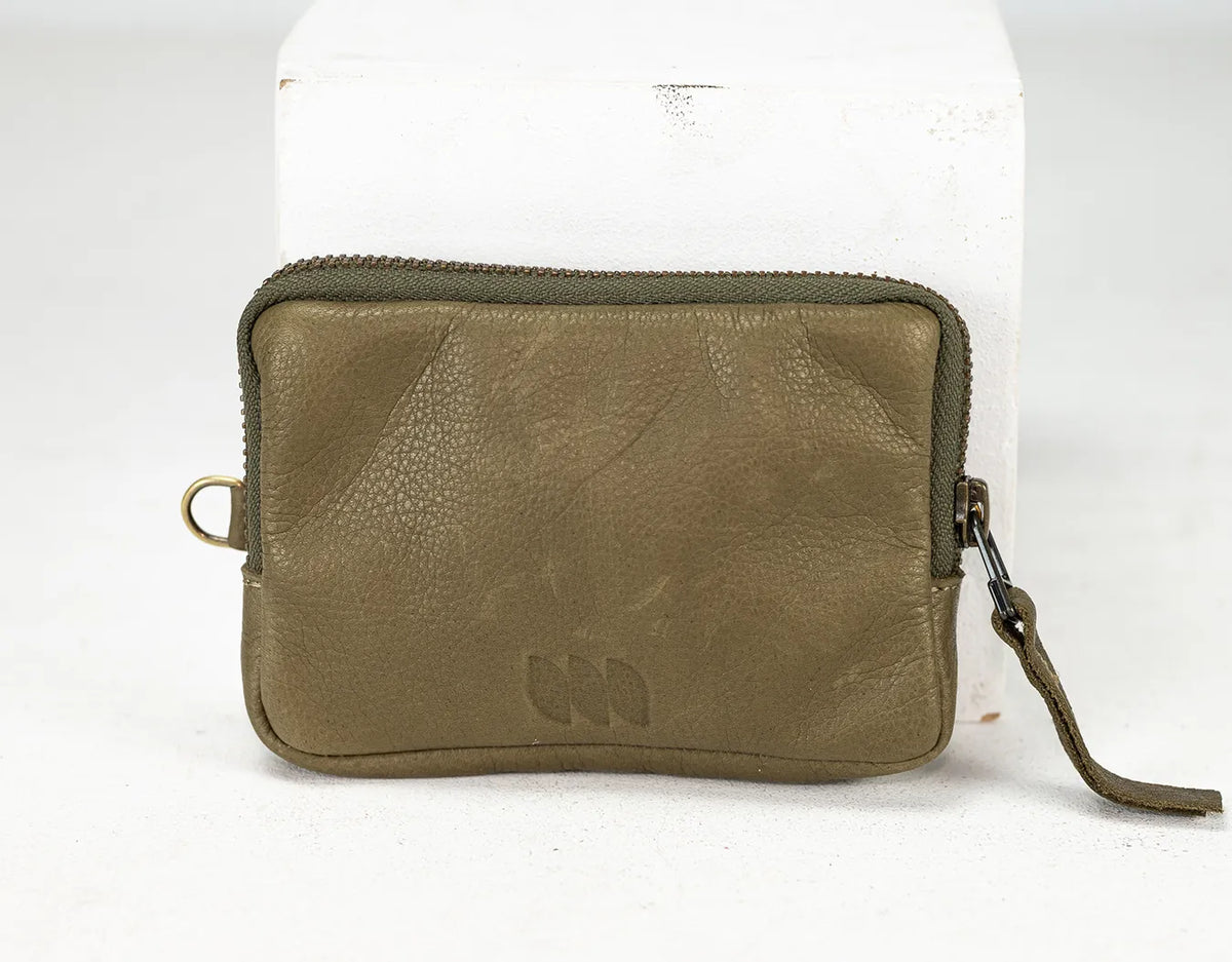 Brown leather pouch with a zipper on a white background#color_olive-green