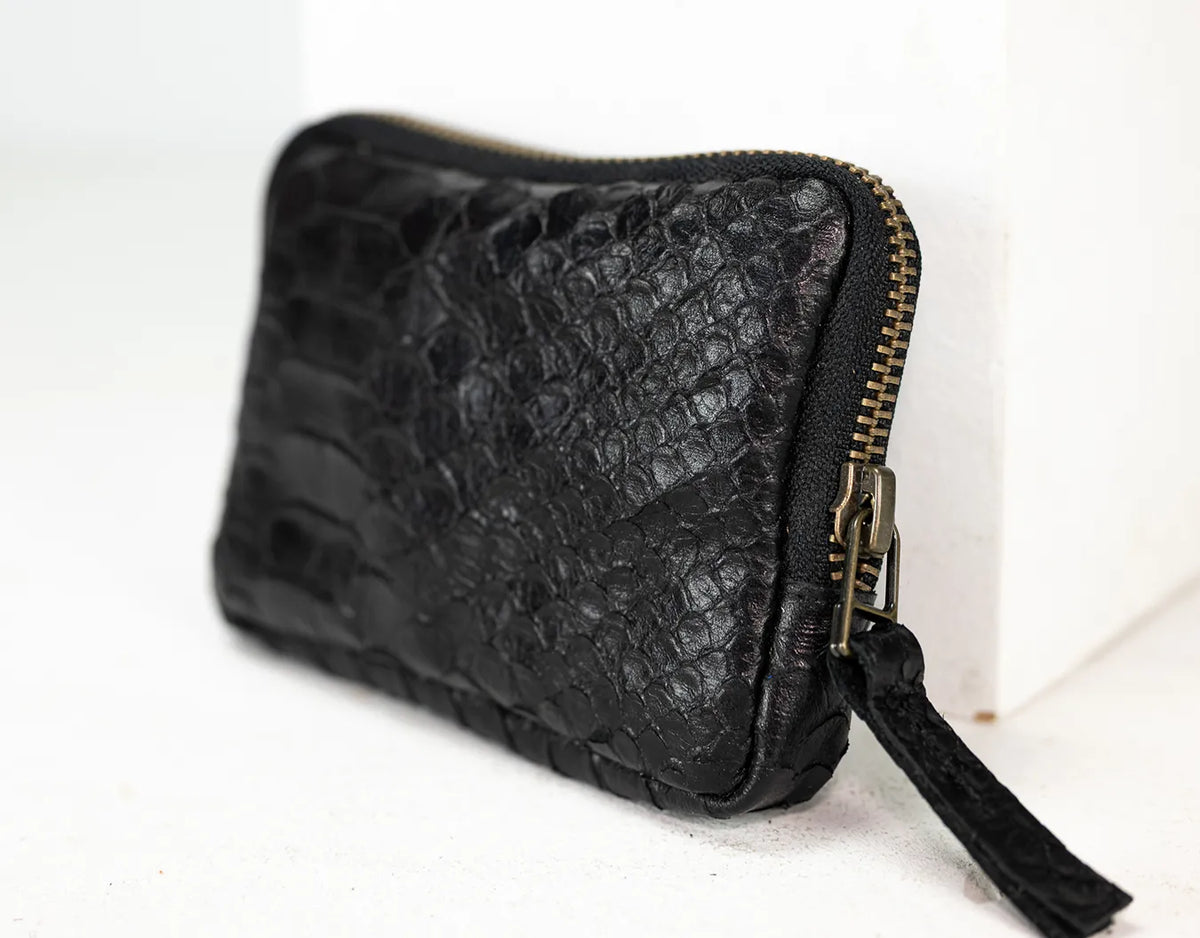 Myrto wallet - Black leather with snakeskin print