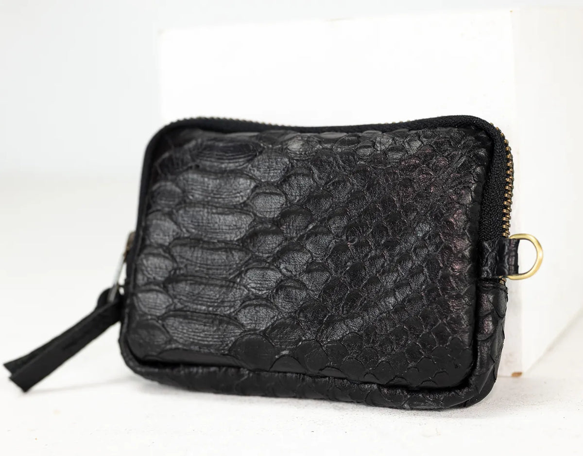 Myrto wallet - Black leather with snakeskin print