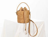 caramel leather handwoven mini bucket bag