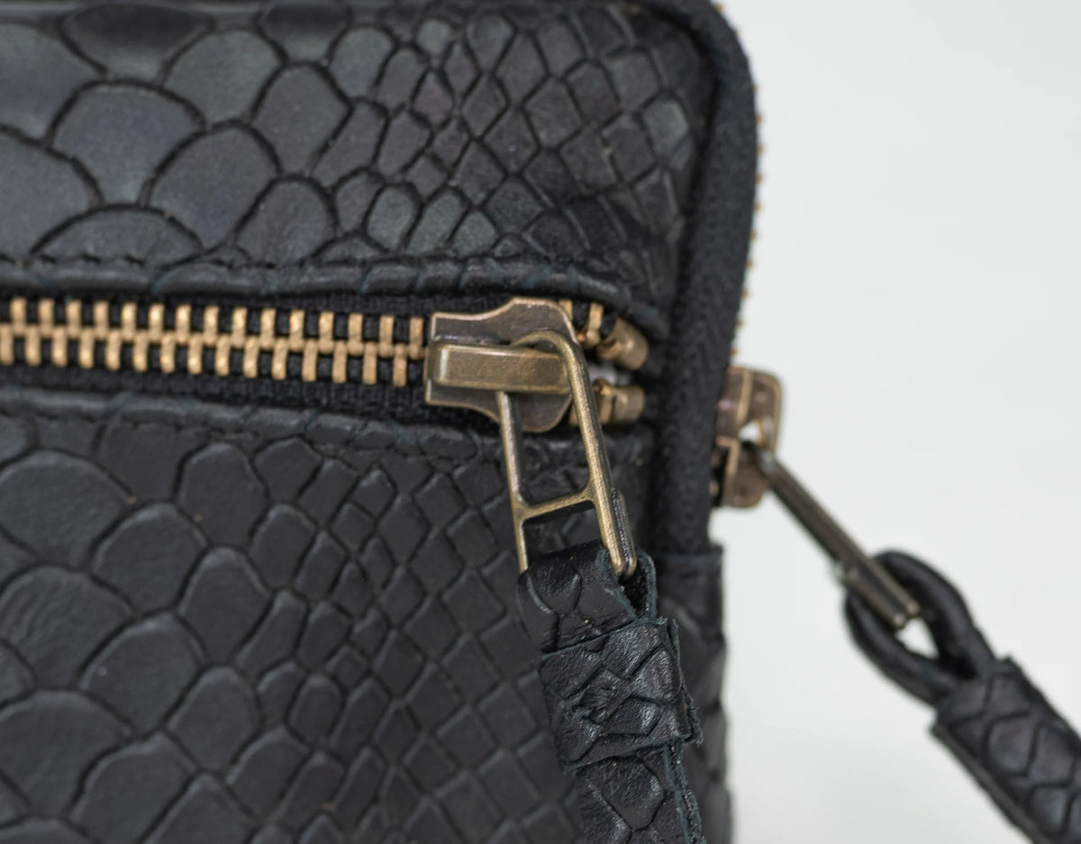 Antheia mini wallet - Black leather with snakeskin print