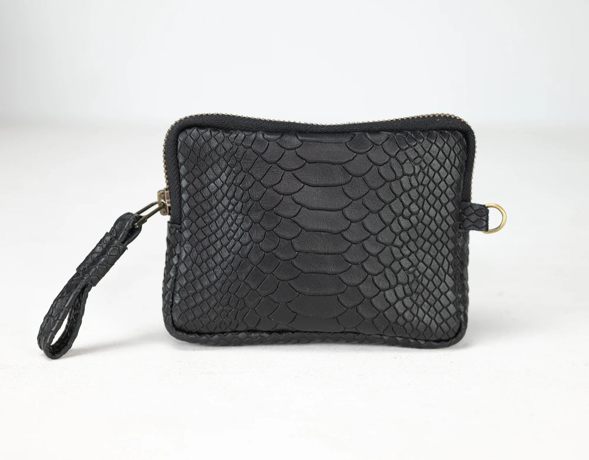 Antheia mini wallet - Black leather with snakeskin print